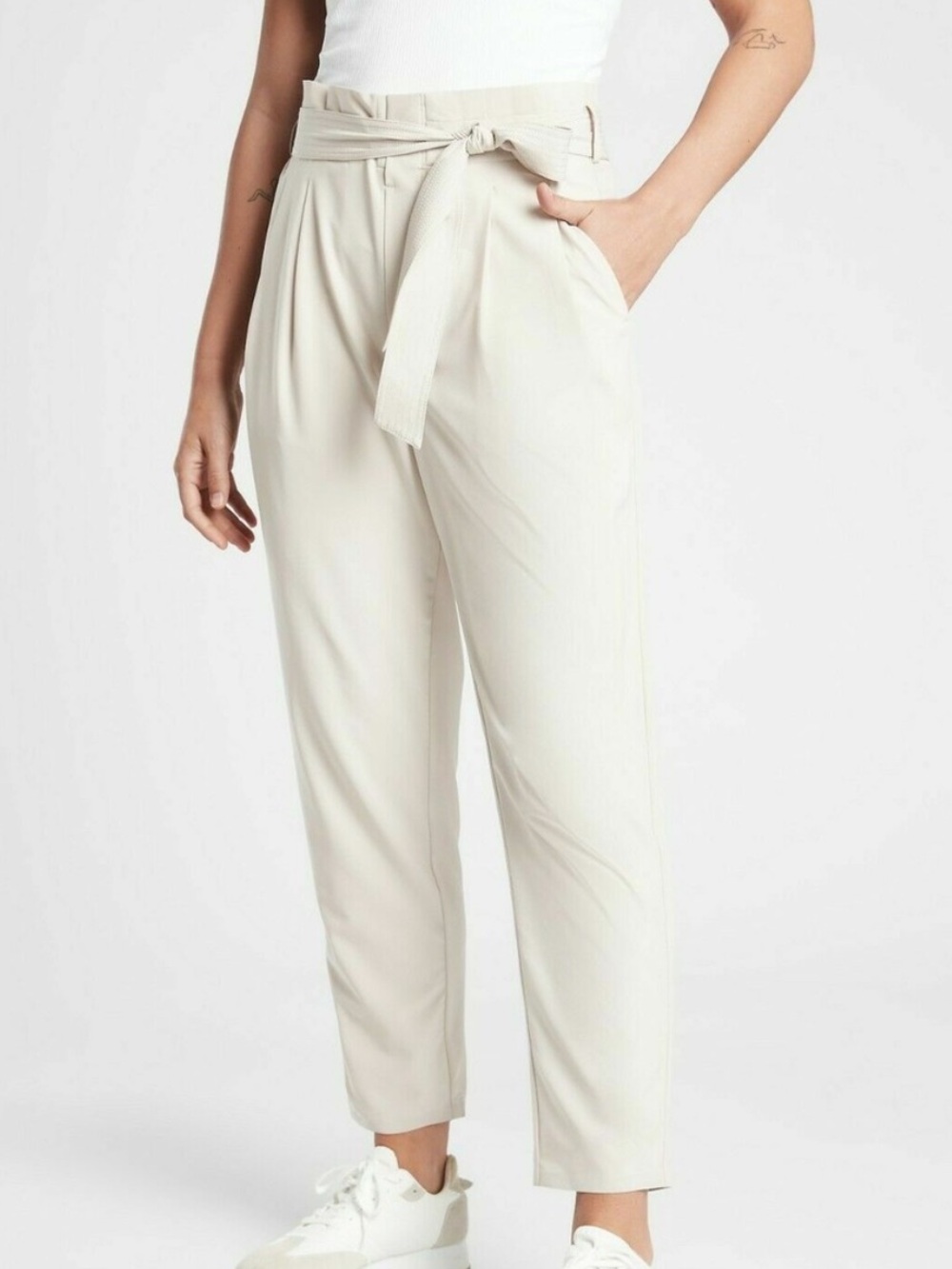 Athleta NEW Skyline Pants ll Alabaster Grey Paperbag Tie High Waist Womens 4